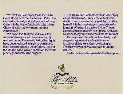 Palm Court Menu, the Ritz, London, June 1982